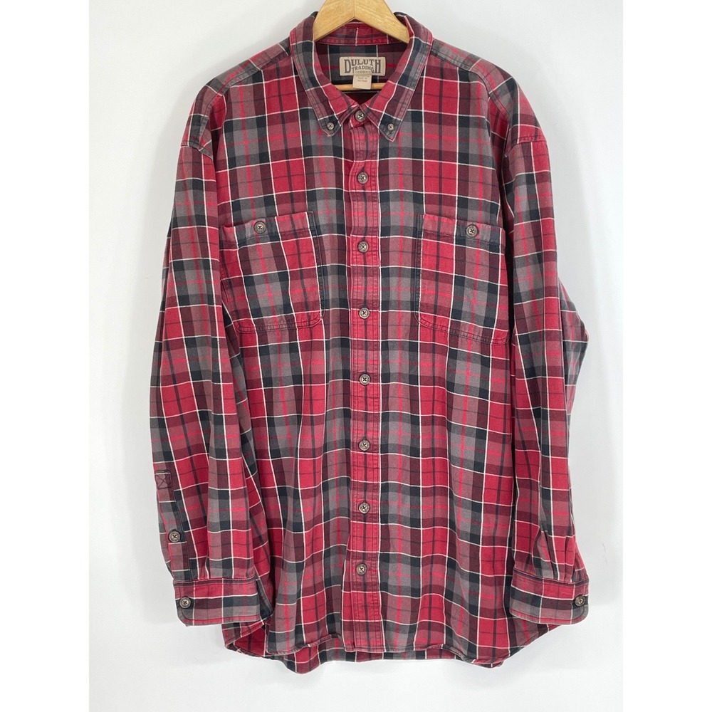 Excellent Duluth Trading Co Mens Shirt 2XL Tall LS Red Black Plaid Cotton